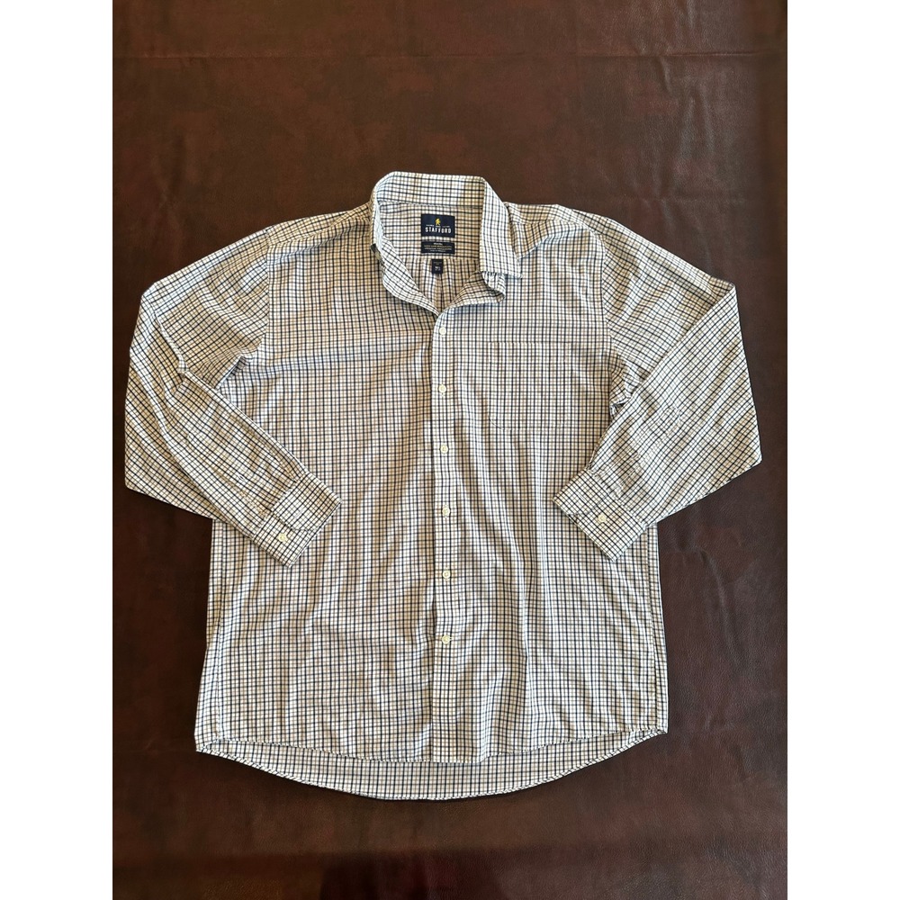 Stafford Travel Mens 16.5 34-35 Regular Fit Check Button Down Shirt Navy Brown